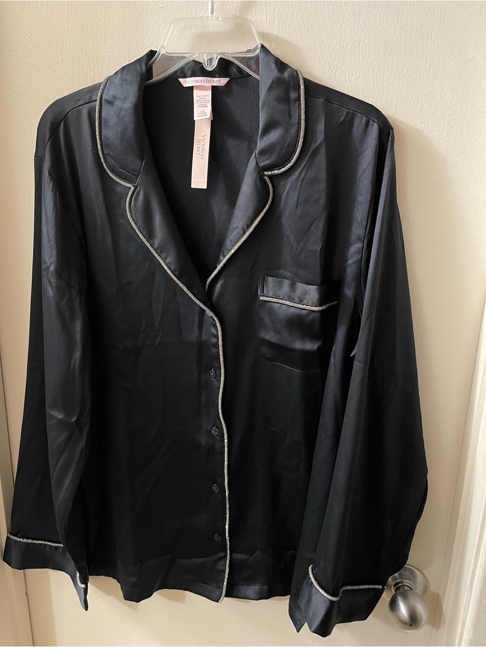 Victoria's Secret Signature Satin Shine Long Pajama Set-Black w/ Crystal Piping